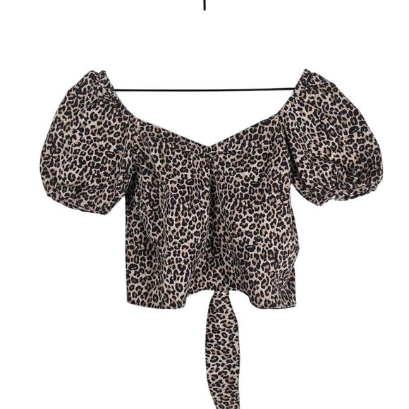 Marissa Webb Diane Top Size M Brown Black Leopard Print Puff Sleeve Crop - Picture 2 of 4